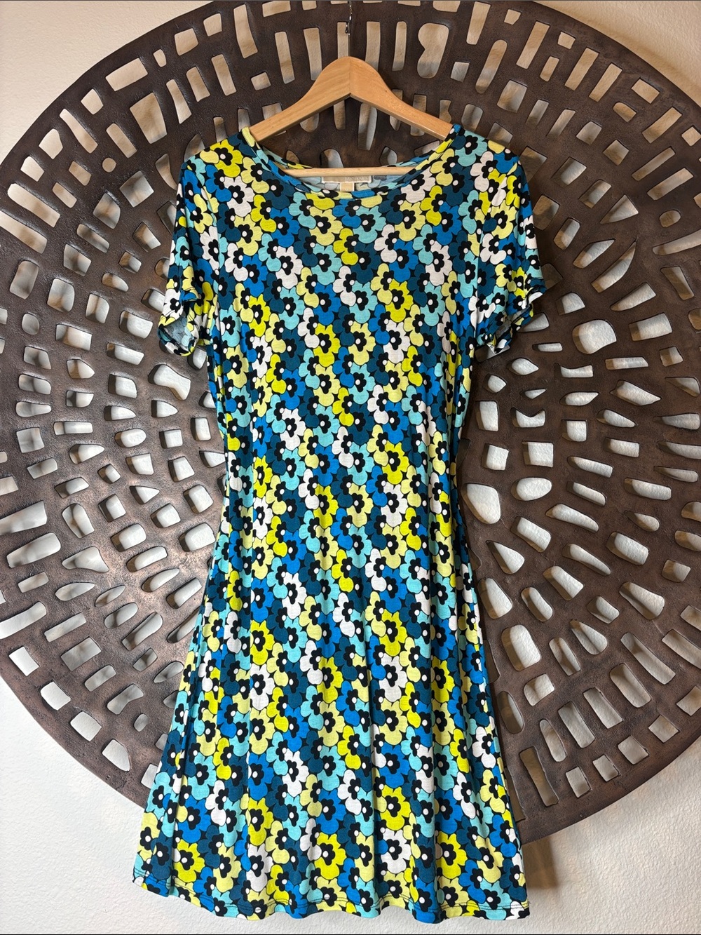 💙 Michael Kors Blue Yellow Floral Fit & Flare Dress Medium Stretch Short Sleeve